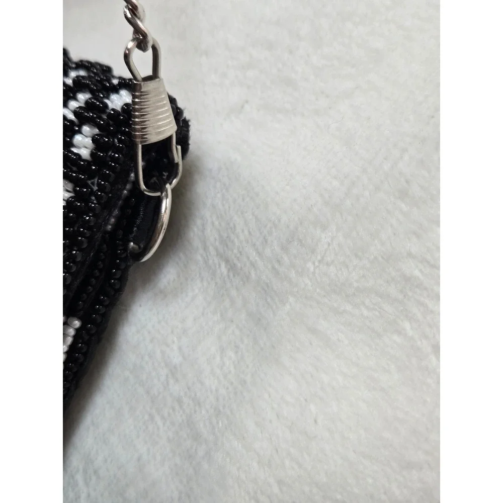 Maria Victoria Black White Beaded Geometric Crossbody‎ Clutch Bag Silver Chain